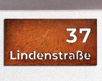House sign corten steel. Personalized outdoor house sign with a street name and house number. Industrial plaque house number. Rusty steel