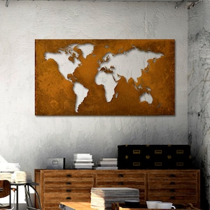 Mappa del mondo in metallo Corten. Grande #cortenmap. Art deco da parete. Decorazione Corten per interni. Mappa moderna in metallo.