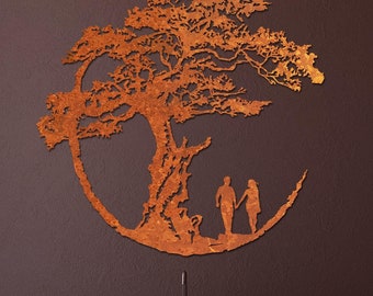 Tree of Life with a couple - Modern Metal Wall Art with Mysterious Tree Silhouette - Corten Wall Decor - Industrial Art Rusted Metal
