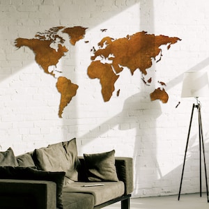 Metalen wereldkaart. Corten-wereldkaart. Magnetische wereldkaart voor aan de muur. Moderne wanddecoratie. Cortenkunst aan de muur. Woondecoraties