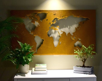 Grande carte du monde en métal. Décor mural en métal. Carte du monde de l’art mural. Décoration murale contemporaine. Carte en acier moderne. Art mural Corten.