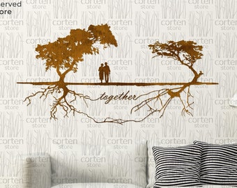 Art mural en métal, décoration d'arbre de vie, arbres ensemble, décoration murale en corten, silhouette d'arbre en métal, décoration d'intérieur, décoration de famille, cadeau de mariage