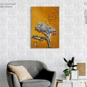 Tree of life - corten home decor. Rusty industrial wall art - tree, birds and a girl. Tree of dreams