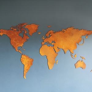 Mapa del mundo de metal, decoración de pared de metal, mapa de corten, arte de pared de metal, mapa del mundo magnético, regalo de inauguración de la casa, mapa del mundo xxl, decoración industrial