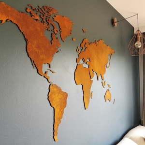 Decoración de pared industrial - Mapa del mundo de metal - Mapa de metal oxidado - Mapa del mundo grande de Corten - Arte de pared industrial - Decoración de estilo elevado - Oxidado