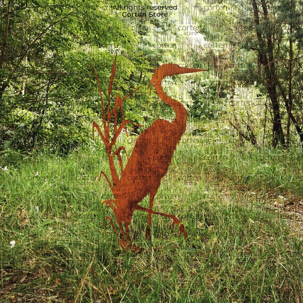 Reiher-Gartendekoration, Reiher-Silhouette aus Metall, Gartenkunst aus Cortenstahl, Gartenornament aus verrostetem Stahl, Gartenliebhaber