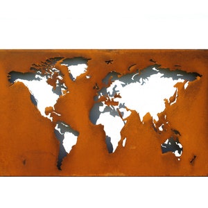Grote corten wereldkaart. Housewarmingcadeau: metalen wereldkaart. Metalen kaart: kunst aan de muur.