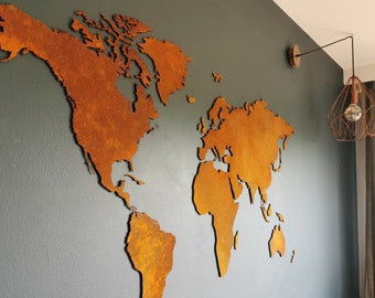 Decorazione da parete industriale - Mappa del mondo in metallo - Mappa di metallo arrugginito - Grande mappa del mondo Corten - Arte da parete industriale - Decorazione in stile alto - Arrugginito