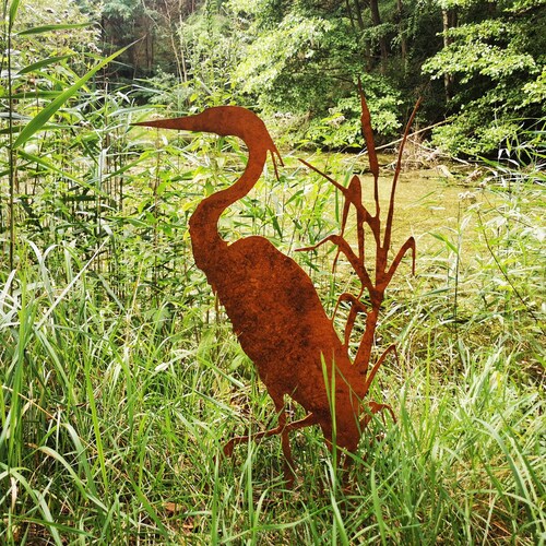 Heron Bird Metal Garden Decor Rusted Metal Garden Art Garden Etsy
