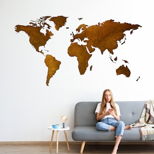 Arte de pared de metal con mapa del mundo, decoración de pared con mapa, mapa de pared de Corten, decoración de pared industrial, decoración de pared minimalista, regalo de inauguración de la casa, mapa oxidado