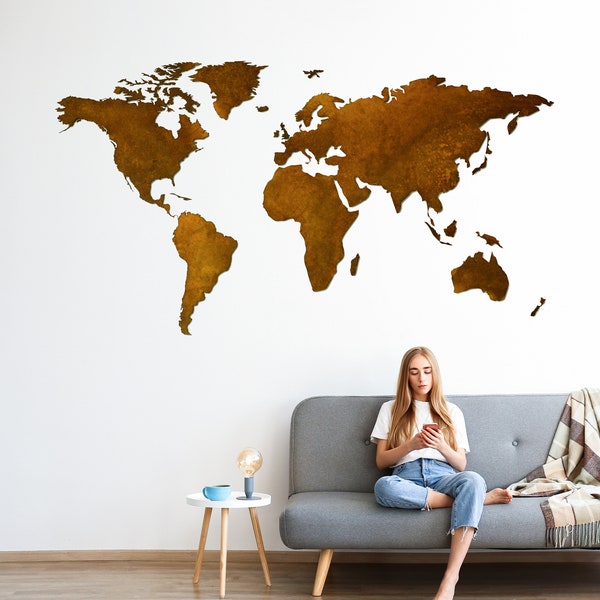 World Map Metal Wall Art, Map Wall Decor, Corten Wall Map, Industrial Wall Decor, Minimalistic Wall Decoration, Housewarming Gift, Rusty Map