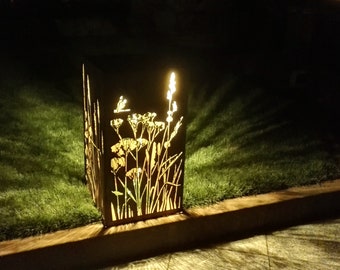 Deisgn contemporary candle lamp - corten. Garden lighting with NATURE ornament. Candle lantern cor-ten