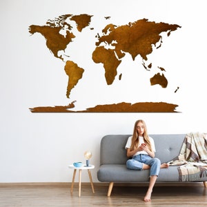 Arte de pared de metal con mapa del mundo, decoración de pared con mapa, mapa de pared de Corten, decoración de pared industrial, decoración de pared minimalista, regalo de inauguración de la casa, mapa oxidado