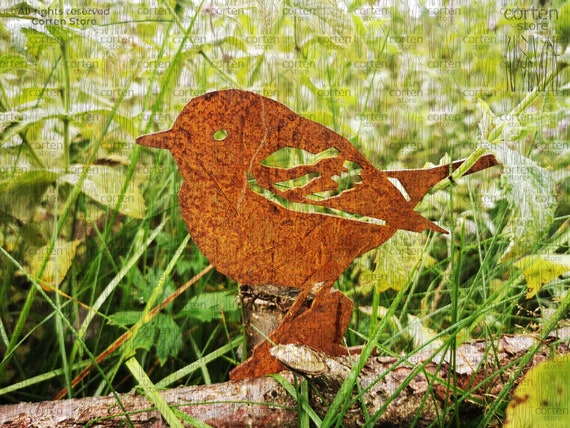Ornamento Da Giardino Uccellini In Metallo Arrugginito - Acciaio Con Patina - Arte Da Esterno