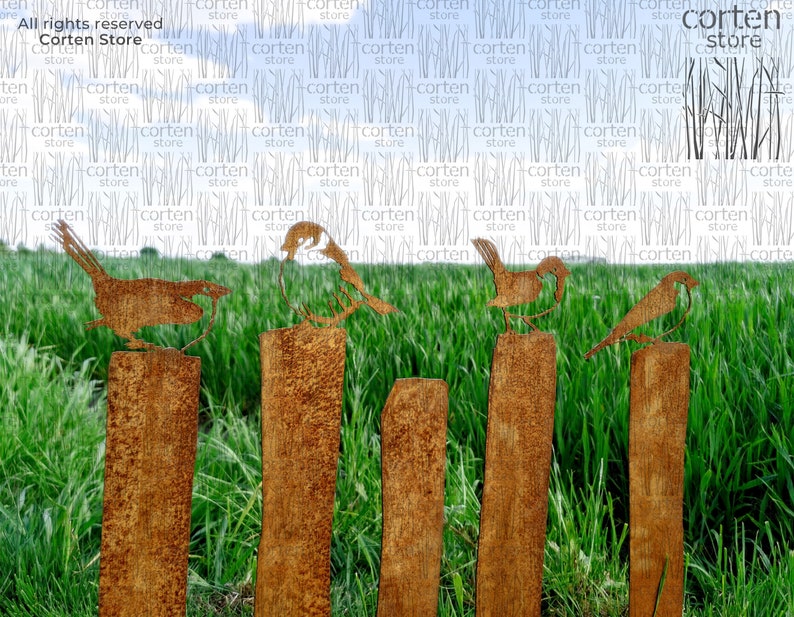 Bruants rouillés assis sur une clôture décorations de clôture oiseaux en métal art en métal en plein air oiseaux rouillés en plein air art corten décoration rouillé de jardin image 3