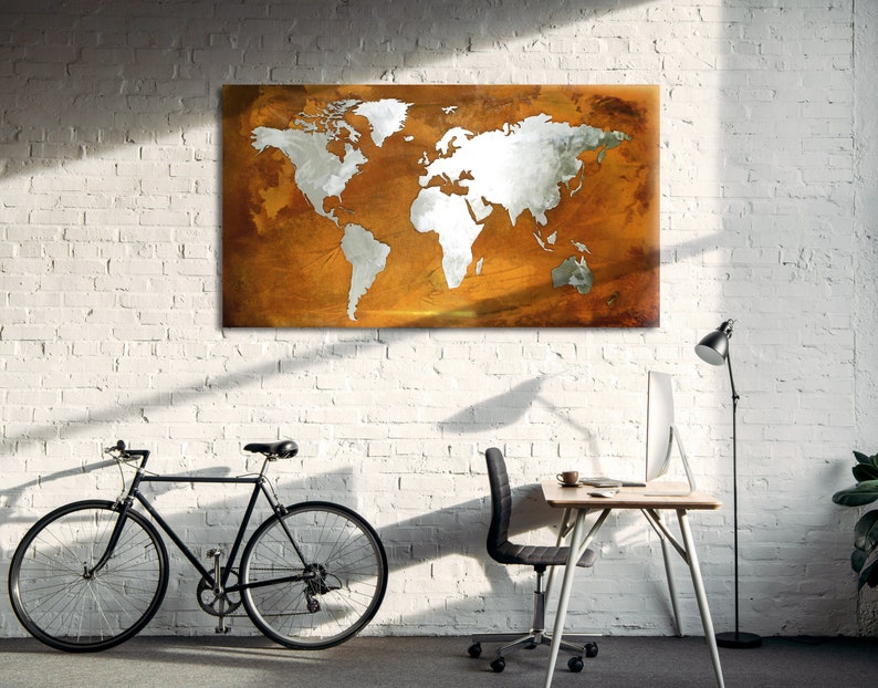 Industrial Metal World Map. Corten Wall Art. Magnetic Modern Wall Decor ...