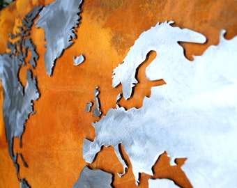 Industrial metal world map. Corten wall art. Magnetic modern wall decor. Raw steel and rusty corten. Custom size