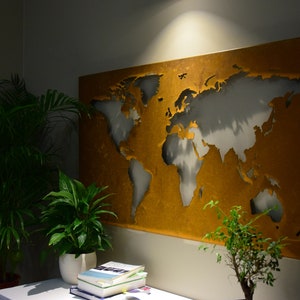 Grande carte du monde en métal. Décor mural en métal. Carte du monde de lart mural. Décoration murale contemporaine. Carte en acier moderne. Art mural Corten. image 5