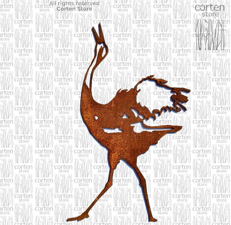 May include: A rusty metal sculpture of a crane with its head tilted back. The sculpture is standing on a white background.
