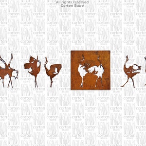 May include: A set of four metal wall art pieces featuring a crane design. The pieces are cut from rusted metal and have a rustic look. The cranes are depicted in various poses, including flying, standing, and dancing.