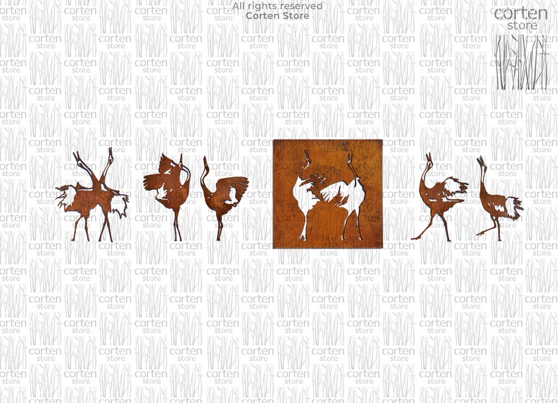 May include: A set of four metal wall art pieces featuring a crane design. The pieces are cut from rusted metal and have a rustic look. The cranes are depicted in various poses, including flying, standing, and dancing.