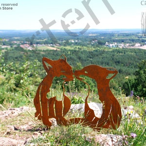 Rusty metal foxes - corten garden art. Metal decoration for garden lovers. Gift garden decor. Foxes metal.