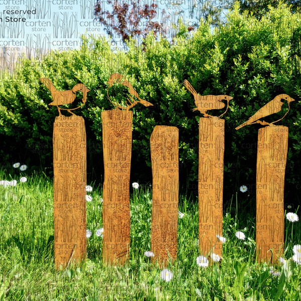 Rusty Sparrows sitting on a fence - Metal Birds Fence Toppers - Outdoor Metal Art - Outdoor Rusty Birds - Corten Art - Garden Rusty Decor