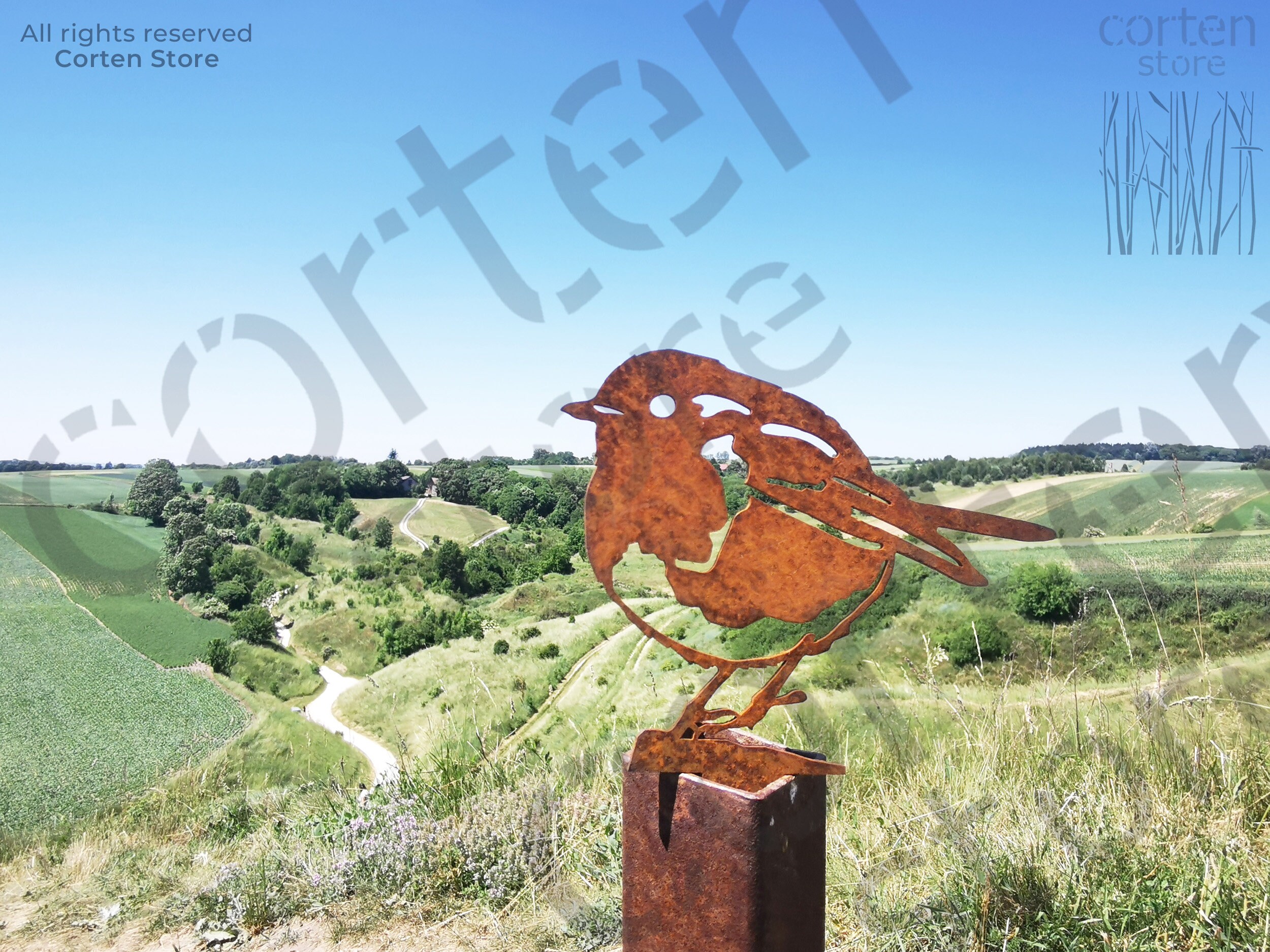Decorazione Da Giardino Rustica - Pettirosso In Metallo Arrugginito Per Recinzione O Palo - Alto 30 Cm - 2