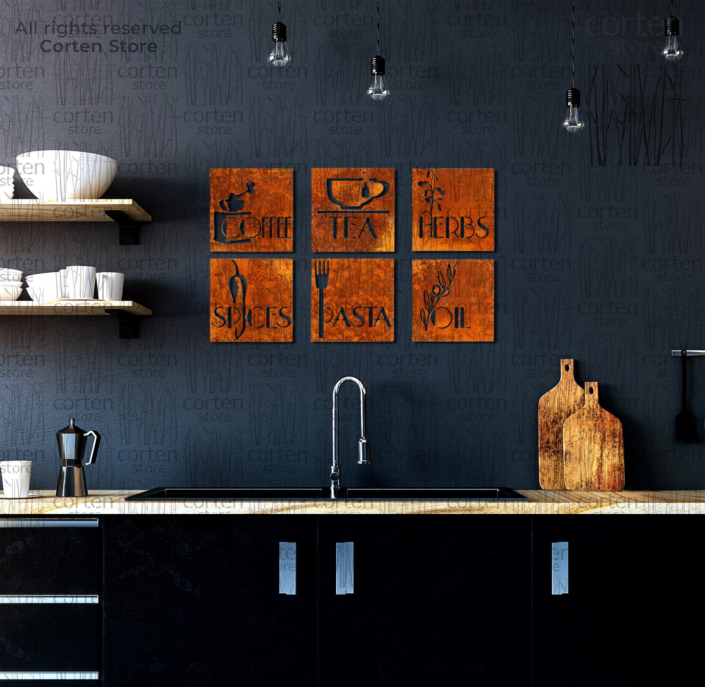 Kitchen Signs. Set of Kitchen Wall Decorations: Coffee, Tea, Oil, Pasta ...