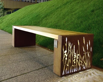 Banc de jardin. Banc moderne en corten - acier corten. Bois massif et acier - banc pour espaces publics et terrasses modernes