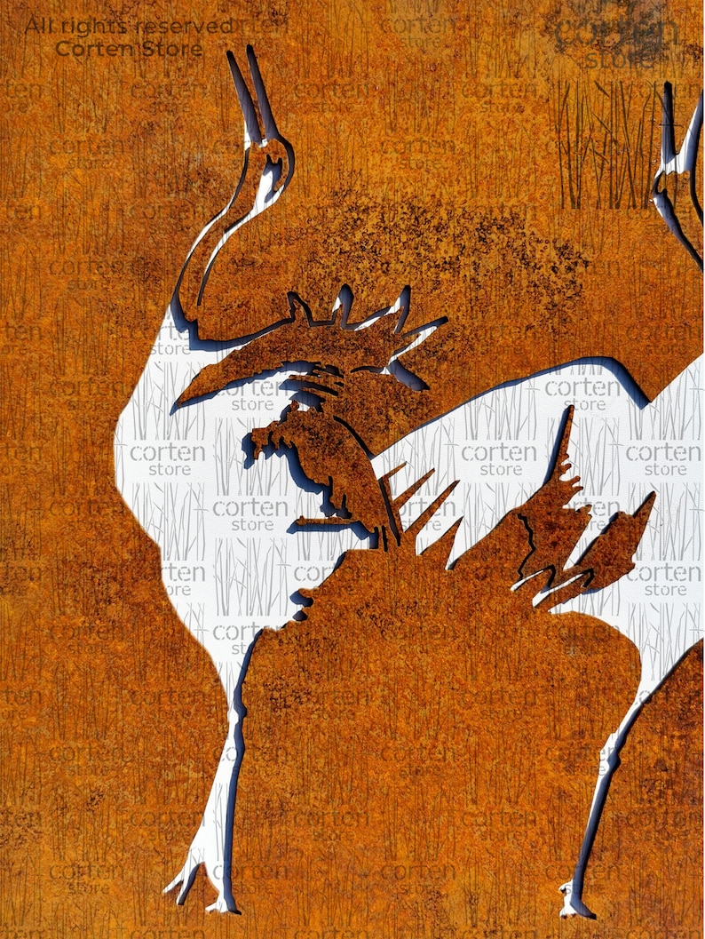 May include: A rusty metal wall art sculpture of a crane with its head raised and a smaller bird perched on its back. The sculpture is cut out of the metal, creating a silhouette against the rusty background.