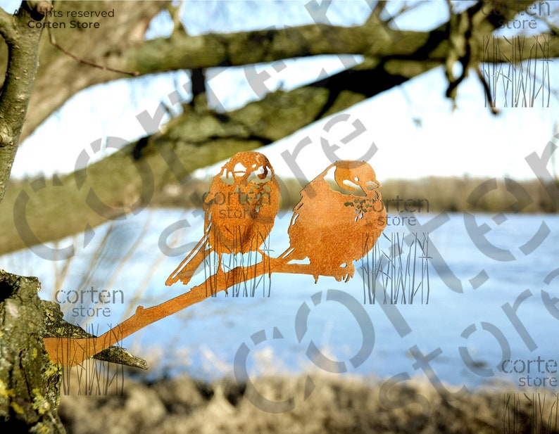 Metalen vogels mussen op een tak. Roestige tuindecoratie. Metalen vogelkunst. Corten-decor. Vogels silhouet. Aangepaste volgorde. afbeelding 3