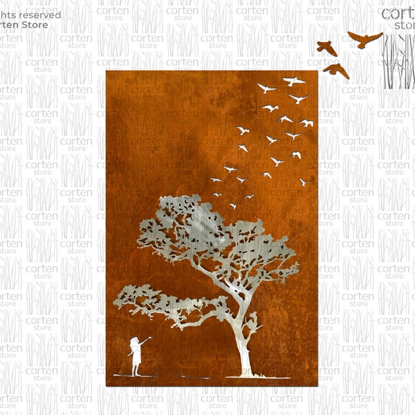 Sylwetka drzewa – grafika ścienna. Industrialna dekoracja ścienna z cortenu - grafika 3D zardzewiała i srebrna