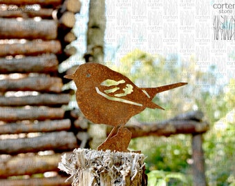 Ornamento Da Giardino Uccellini In Metallo Arrugginito - Acciaio Con Patina - Arte Da Esterno