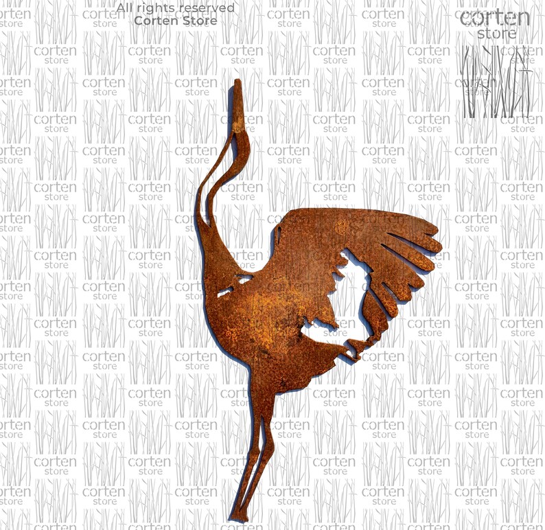 May include: A rusty metal sculpture of a crane with its wings spread. The sculpture is in a standing position with its head tilted back. The sculpture is on a white background.