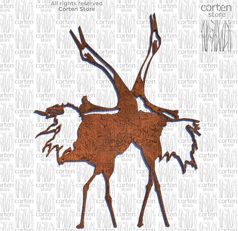 May include: A rusty metal sculpture of two birds in flight. The sculpture is made of corten steel, which is a type of weathering steel that develops a distinctive rust patina over time.