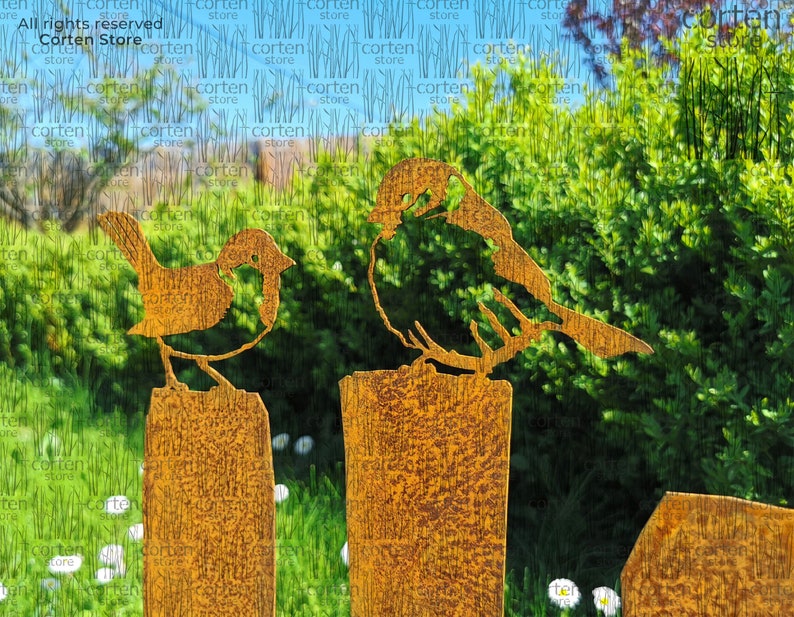 Rostige Spatzen auf dem Zaun Metallvögel, Zaunaufsätze Metallkunst für Außen rostige Vögel Corten-Kunst rostige Gartendeko Bild 4