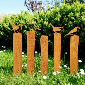 Rusty Sparrows sitting on a fence - Metal Birds Fence Toppers - Outdoor Metal Art - Outdoor Rusty Birds - Corten Art - Garden Rusty Decor