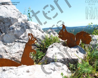 Corten Steel Squirrels Garden Art, Metal Yard Decor