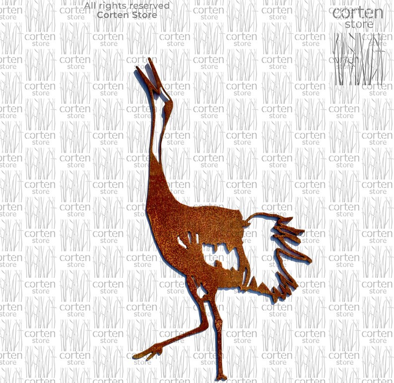 May include: A rusty metal crane sculpture with a long neck and long legs. The crane is standing on a white background.