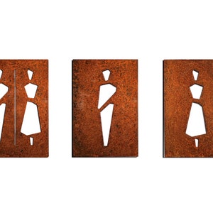 Toilet Metal Signs. Three corten WC plates. Unisex, man and woman