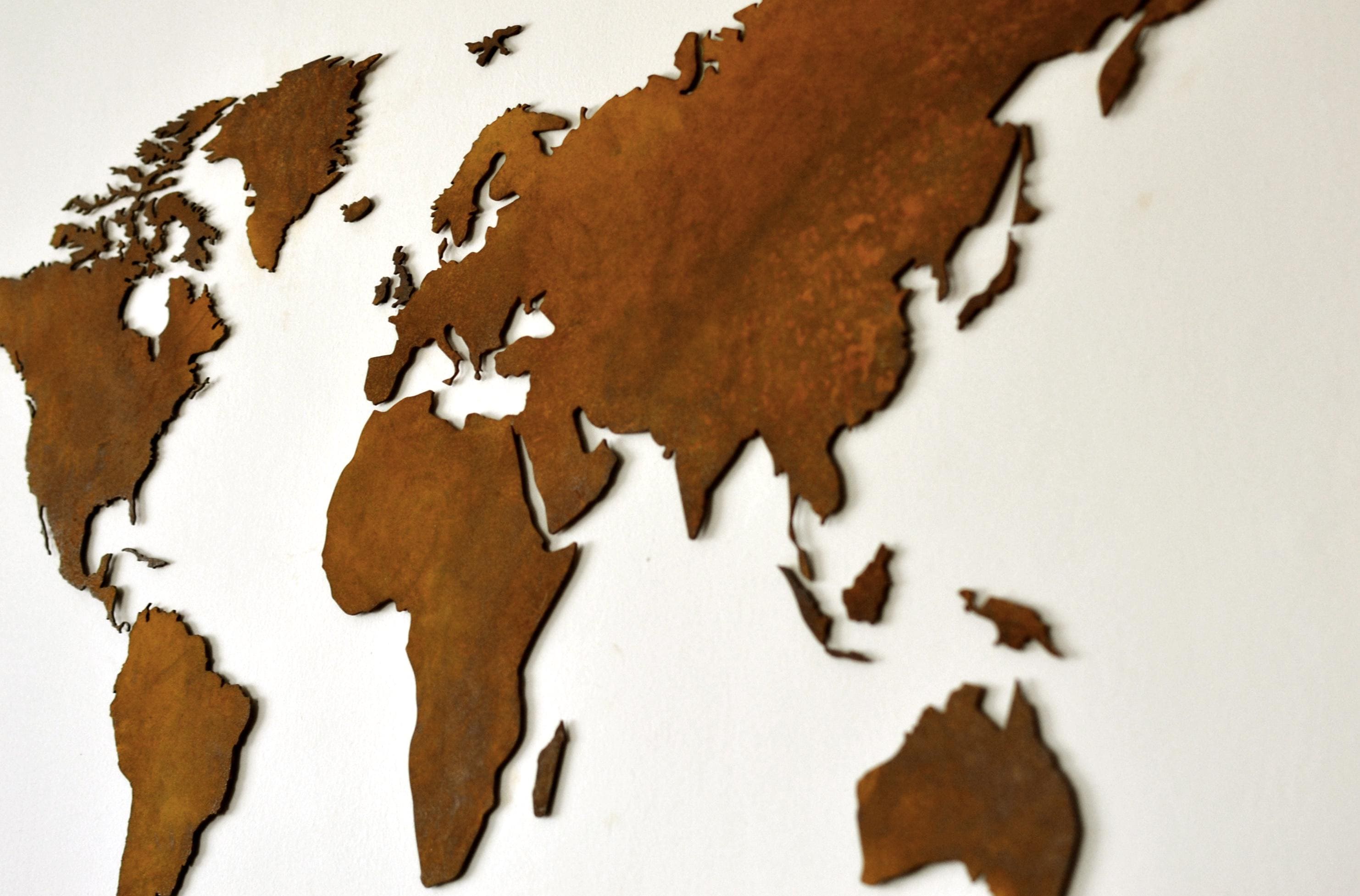 Large and detailed world map. Metal world wall map made of corten steel. Wall decoration for loft and insdustrial interiors. Metal wall art
