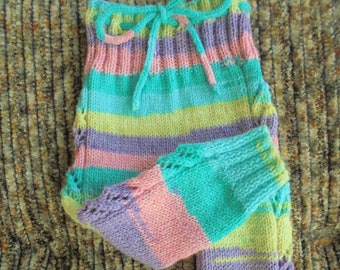Hand Knitted Baby Girl Striped Pants With Pattern Made Of Acrylic Pink Purple Blue Yellow Yarn For Age 3-7 Months Babies
