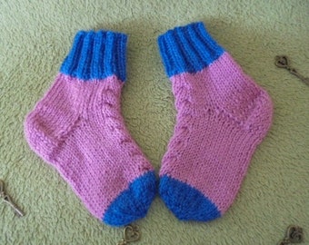 Hand Knitted Baby Girl Toddler Socks With Pattern Pink Blue Made Of Merino Wool  For Age 12-18 Months US 5