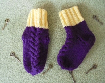 Hand Knitted Baby Boy Girl Toddler Socks With Pattern Purple Yellow Made Of Wool For Age 12-18 Months US 6