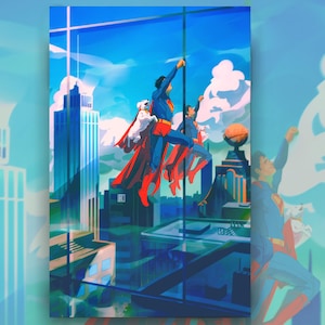 May include: Artwork depicting Superman in a blue suit and red cape, soaring above a cityscape. The image uses a vivid colour scheme, predominantly blues, reds, and whites. Skyscrapers and a cloudy sky form the backdrop.