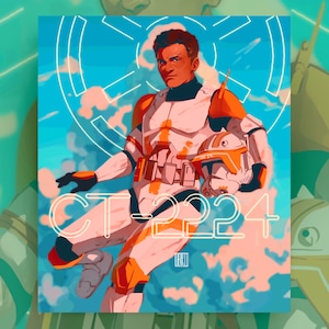 May include: A digital illustration of a Star Wars clone trooper in white and orange armour, holding a helmet. The background is a blue sky with white clouds and a white circle with a cross inside. The text "CT-2224" is written in white on the image.