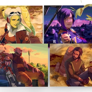 Puede incluir: Un collage de cuatro ilustraciones digitales con personajes del universo de Star Wars. La imagen superior izquierda muestra un personaje femenino con cabello amarillo y gafas, vistiendo una chaqueta marrón con un símbolo de la Alianza Rebelde. La imagen superior derecha muestra un personaje femenino con cabello morado, vistiendo un atuendo azul y amarillo. La imagen inferior izquierda muestra un personaje masculino con piel rosada, vistiendo un atuendo marrón y naranja. La imagen inferior derecha muestra un personaje masculino con cabello castaño y barba, vistiendo un atuendo marrón y verde.