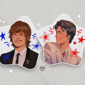 May include: Two star-shaped stickers with illustrations of smiling men. One wears a black suit and tie, the other a light-coloured suit. Both stickers have star and burst graphics in red and blue.