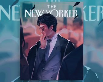 Könnte beinhalten: Illustration einer Person im Anzug, die eine Zigarette raucht, auf einem Zeitschriften-Cover. Der Titel der Zeitschrift "The New Yorker" ist oben abgebildet. Die Farbpalette umfasst Blau-, Grau- und Rottöne.